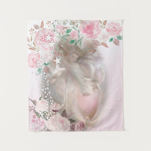 Mooie engel met doven en roze rozen wandkleed (Voorkant)
