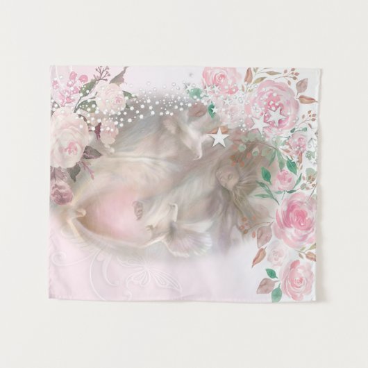 Mooie engel met doven en roze rozen wandkleed (Voorkant (horizontaal))