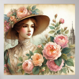Mooie Engels Victoriaans Lady en Rozen Poster