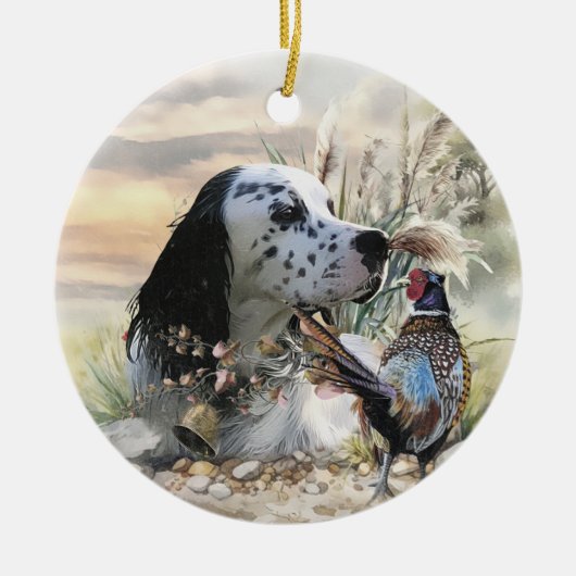 Mooie Engelse Setter met fazant , Art Keramisch Ornament (Voorkant)