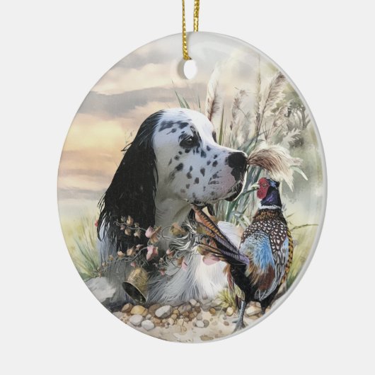 Mooie Engelse Setter met fazant , Art Keramisch Ornament (Links)