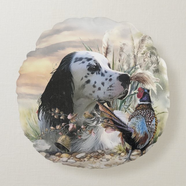 Mooie Engelse Setter met fazant , Art Rond Kussen (Voorkant)