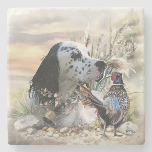 Mooie Engelse Setter met fazant , Art Stenen Onderzetter (Voorkant)