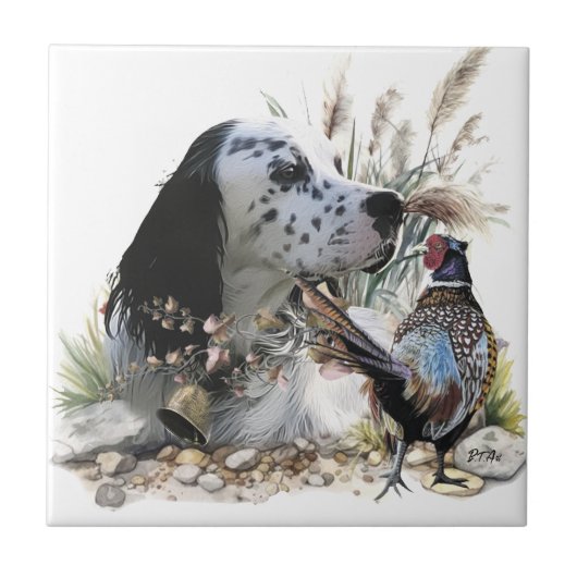 Mooie Engelse Setter met fazant , Art Tegeltje (Voorkant)