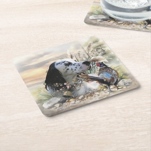 Mooie Engelse Setter met fazant , Art Vierkante Kartonnen Onderzetter (Schuin)