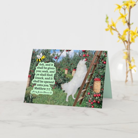 Mooie Eskie en Orchard Schrift Mattheüs 7:7 Kaart (Gele Bloem)