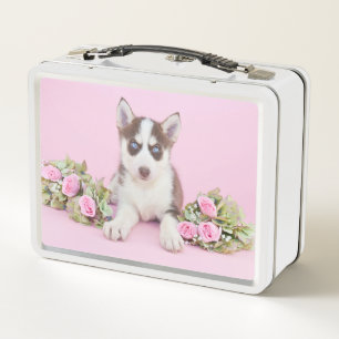 Mooie estige puppy met roze rozen