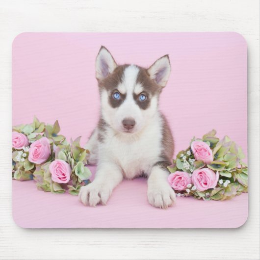 Mooie estige puppy met roze rozen muismat (Voorkant)