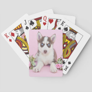 Mooie estige puppy met roze rozen pokerkaarten