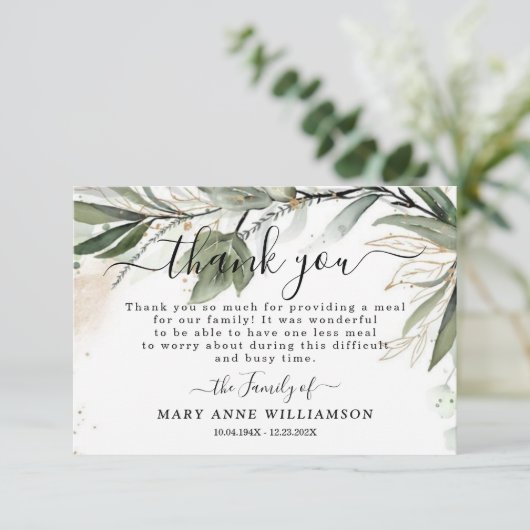 Mooie Eucalyptus Funeral Food Hartelijk dank Bedankkaart (Staand voorkant)