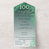 Mooie Falling Green Glitter 100e verjaardag All In One Uitnodiging (Binnen)
