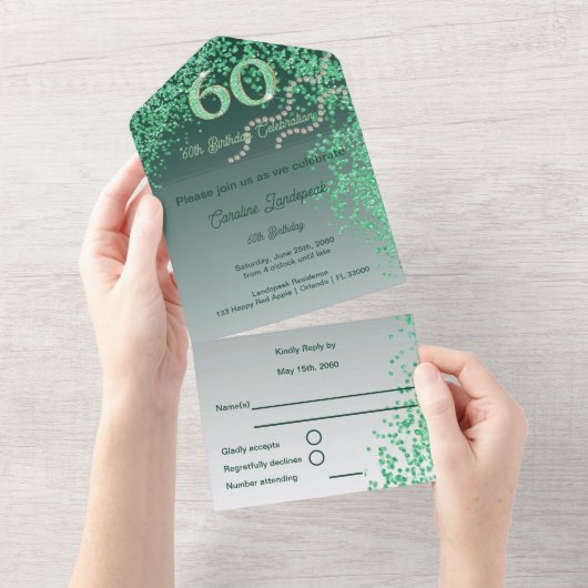 Mooie Falling Green Glitter 60e verjaardag All In One Uitnodiging (Afscheurbaar)