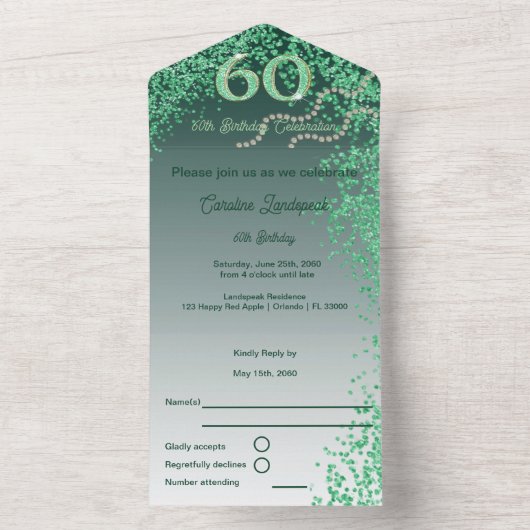 Mooie Falling Green Glitter 60e verjaardag All In One Uitnodiging (Binnen)