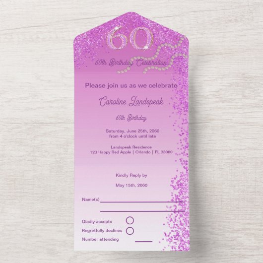 Mooie Falling Pink Glitter 60e verjaardag All In One Uitnodiging (Binnen)