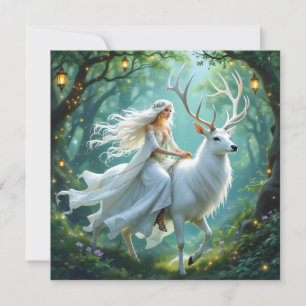 Mooie fee en witte hert in betoverd bos kaart