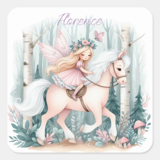 Mooie fee meisje rijden in een betoverd bos vierkante sticker (Voorkant)