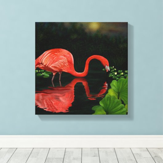 Mooie Flamingo in Pond Wrapped Canvas (Insitu (Houten vloer))