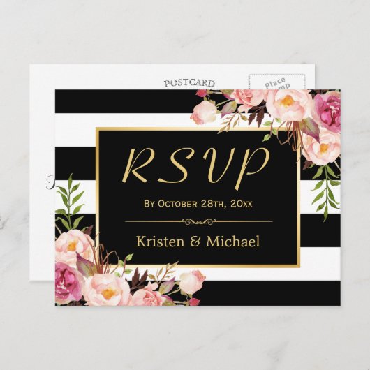 Mooie Floral Black White Stripes Weddenschap RSVP Uitnodiging Briefkaart (Voorkant / Achterkant)