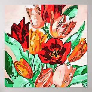 Mooie Floral Bouquet Tulips Black Outline Art Poster