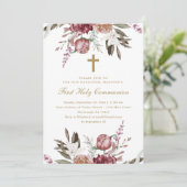Mooie Floral en Cross First Heilige Communie Aankondiging (Staand voorkant)