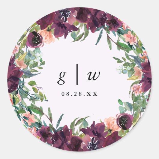 Mooie Floral met Monogrammen bruiloft Ronde Sticker (Voorkant)