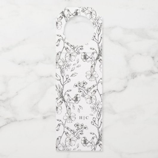 Mooie Floral Monogram Sketched Wedding Flessenhanger (Voorkant)