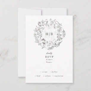 Mooie Floral Monogram Sketched Wreath Wedding RSVP Kaartje