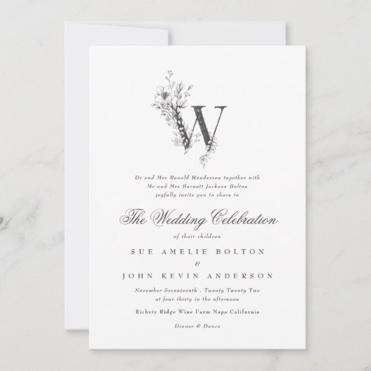 Mooie Floral 'W' Monogram Sketched Wedding Kaart (Voorkant)