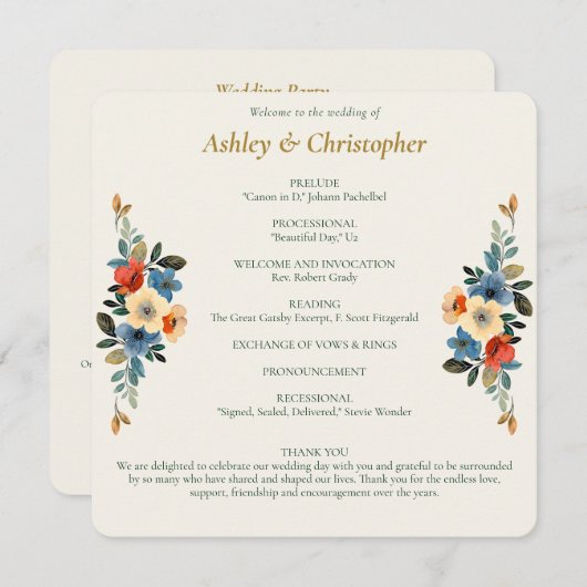 Mooie Floral Waterverf Ivoor Bruiloft Programma (Voorkant / Achterkant)