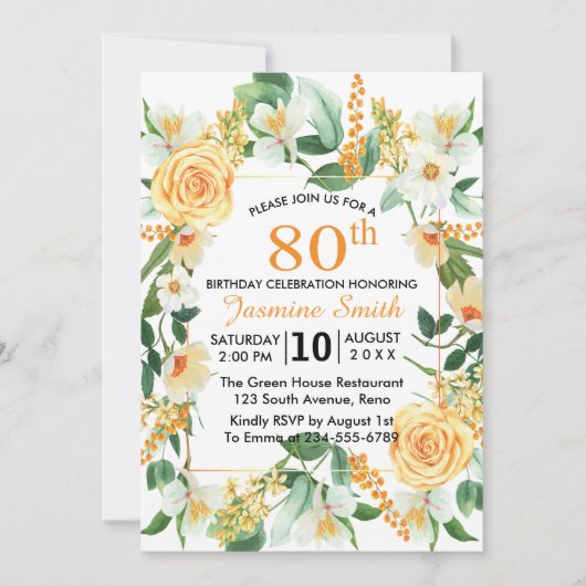 Mooie Florale Oranje 80ste verjaardag Kaart (Voorkant)