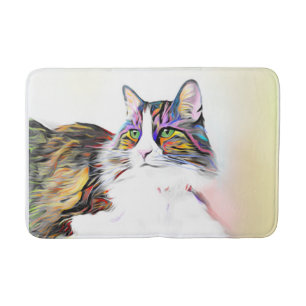 Mooie, fluffige kat met regenboogbont badmat
