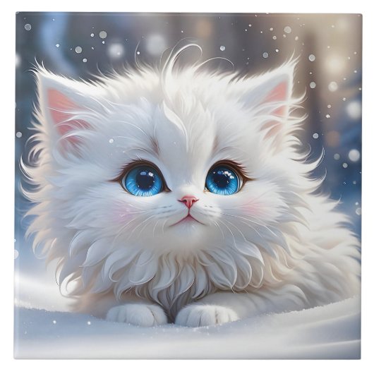 Mooie Fluffy White Cat met Blauwe Ogen Tegeltje (Voorkant)