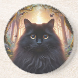 Mooie Fluffy Zwarte Kat met Gouden Ogen Zandsteen Onderzetter
