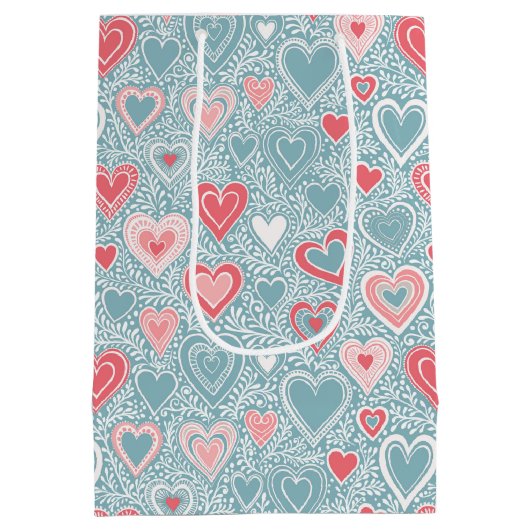 Mooie Folk Bloemhart Stof Blauw Roze Baby Shower Medium Cadeauzakje (Achterkant)