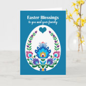 Mooie folklore Blue Pysanka Easter Egg, Custom Kaart (Gele Bloem)