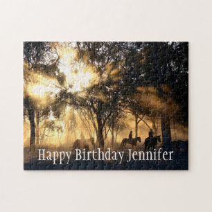 Mooie Forest Sun Riding Horses Aangepaste naam Legpuzzel