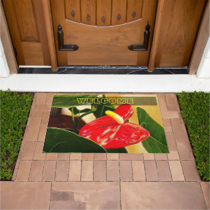 Mooie foto van rode anthurium-tropische ventilator deurmat