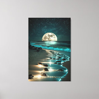 Mooie Full Moon Beach Ocean Sterrennacht Canvas Afdruk