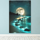 Mooie Full Moon Beach Ocean Sterrennacht Canvas Afdruk (Insitu (Houten vloer))