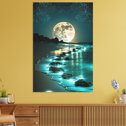 Mooie Full Moon Beach Ocean Sterrennacht Canvas Afdruk (Insitu (Woonkamer))