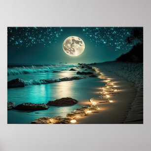 Mooie Full Moon Beach Ocean Sterrennacht Poster