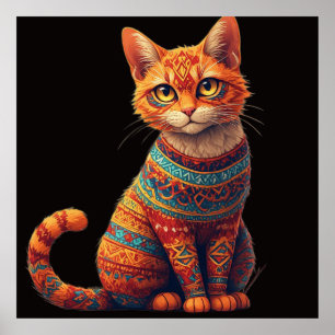 Mooie Gebatikte Kat Illustratie Folk Art Stijl Poster