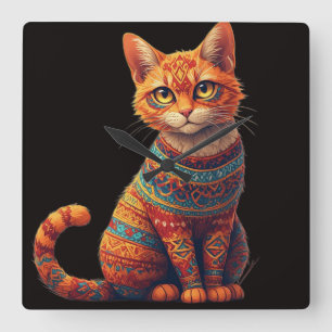 Mooie Gebatikte Kat Illustratie Folk Art Stijl Vierkante Klok