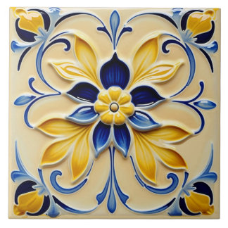 Mooie geel en blauw bloemenkeramische Tegel. Tegeltje