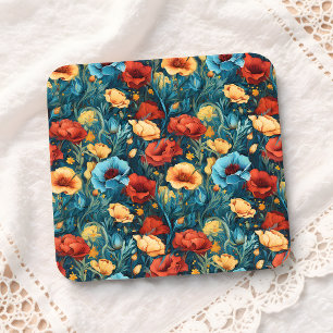 Mooie geel rood blauwe bloemen botanische print bier onderzetter
