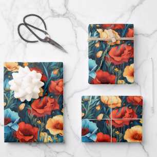 Mooie geel rood blauwe bloemen botanische print inpakpapier vel