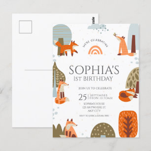 Mooie geïllustreerde vosbosdieren eerste verjaarda briefkaart