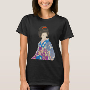 Mooie geisha in blauwe kimono Japanse schilderkuns T-shirt