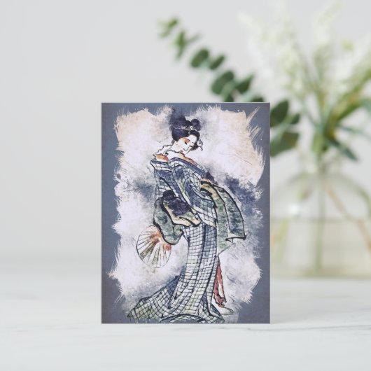 Mooie Geisha in Kimono Waterverf Kunst Feestdagenkaart (Staand voorkant)