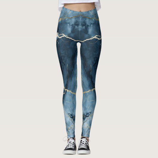 Mooie gekleurde print blauw marmer leggings (Voorkant)